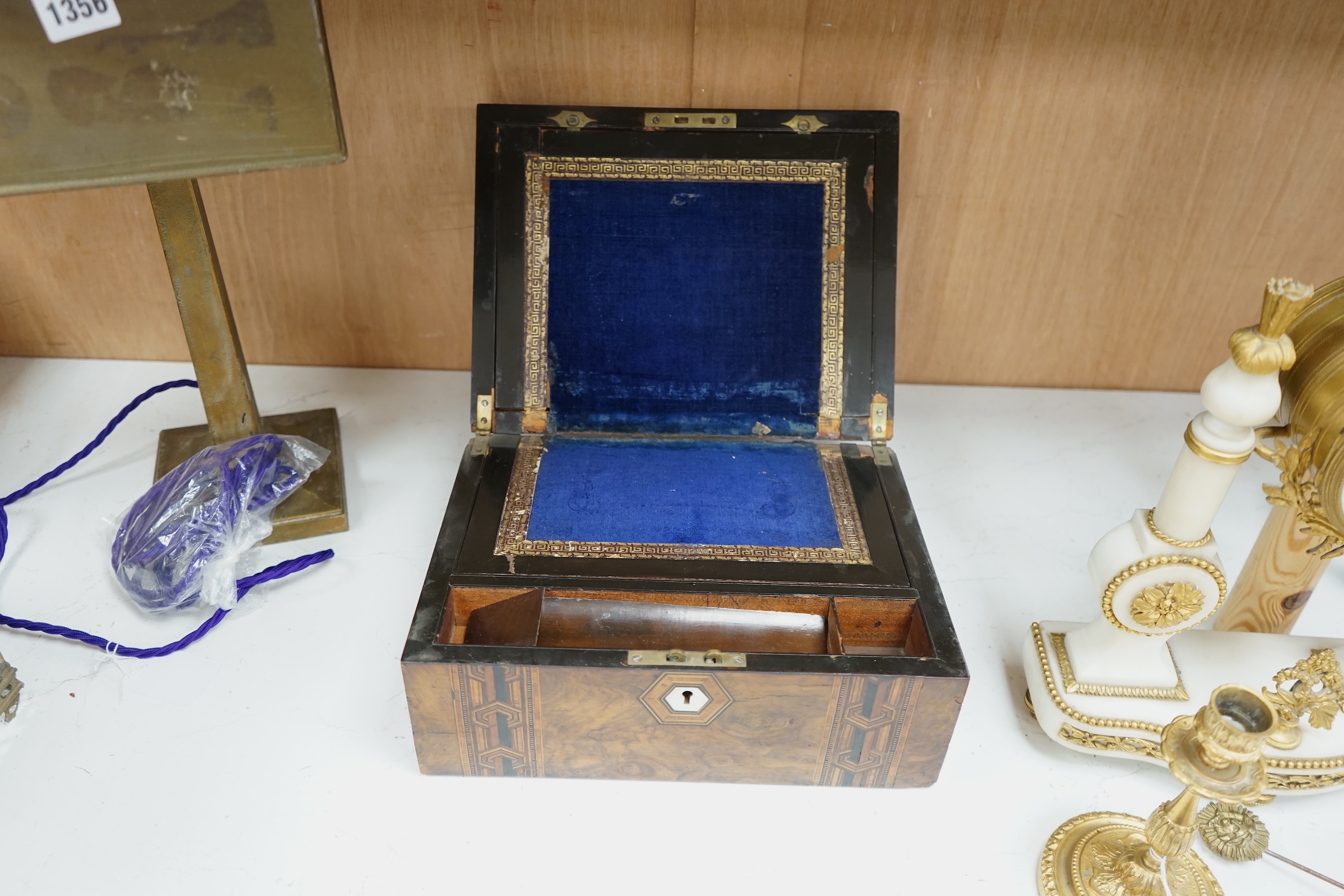 A late 19th century inlaid walnut writing slope, 30.5cm wide. Condition - fair.